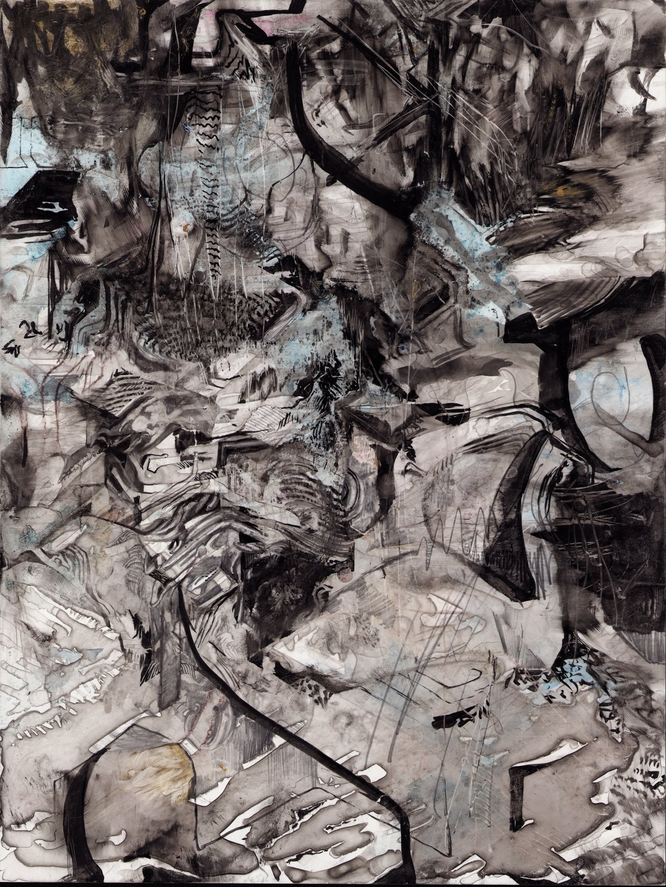 Gestural black and grey ink painting with scraped lines and pale blue washes.
