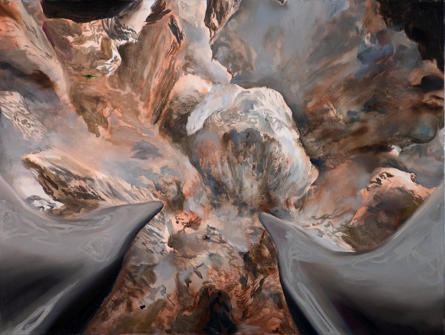 Painting of a rust and grey cavern seen past two smooth grey forms in the foreground.