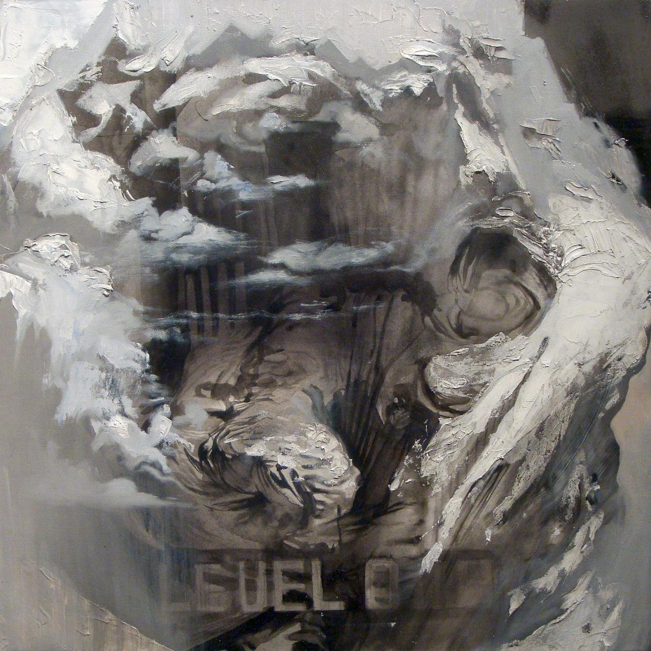 Grey and white oil painting of clouds and rock, with the words LEVEL 0 at the bottom.