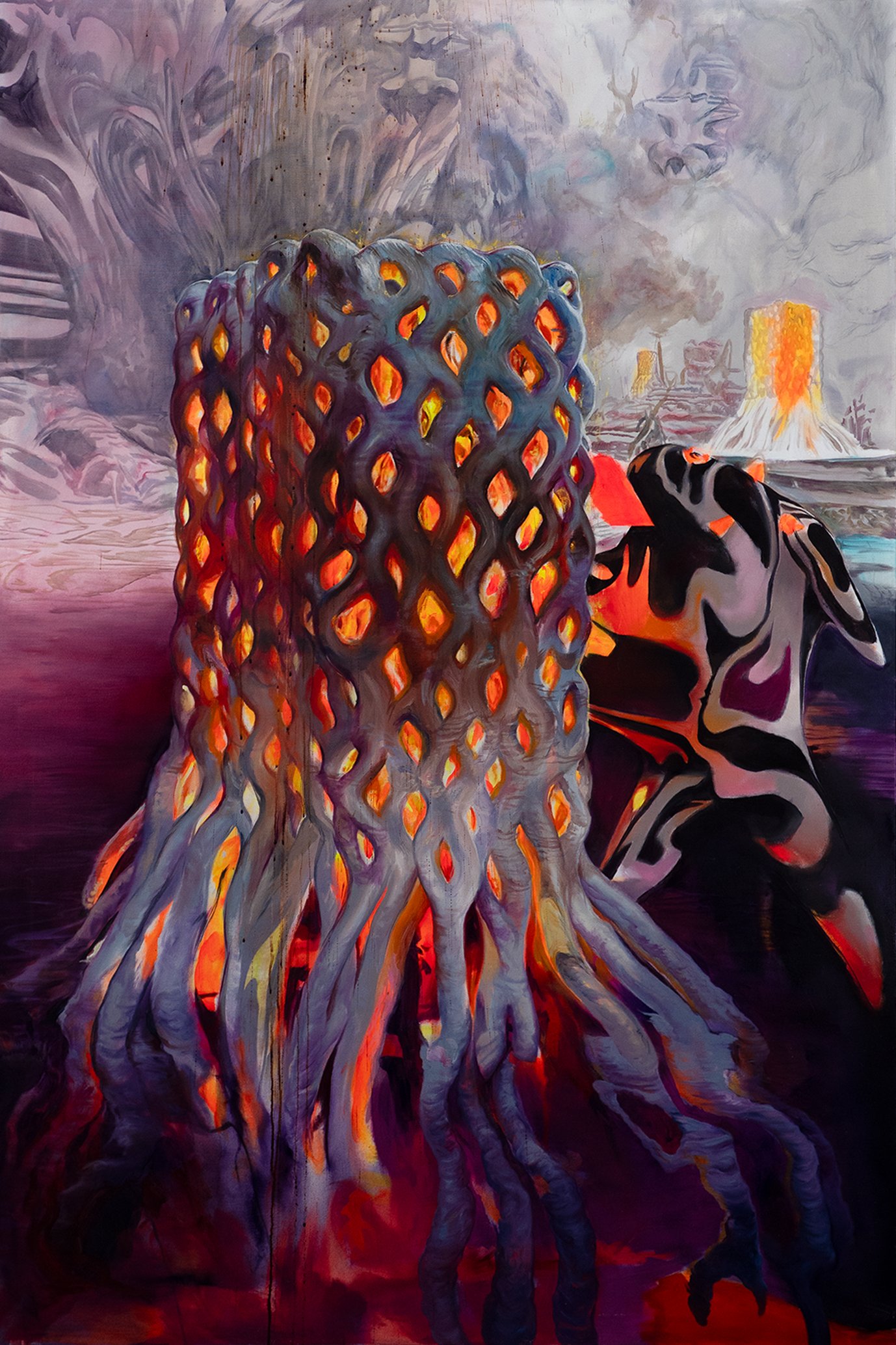 Painting of a lattice tower glowing orange from within, roots spreading into red and violet ground, beside a patterned figure.