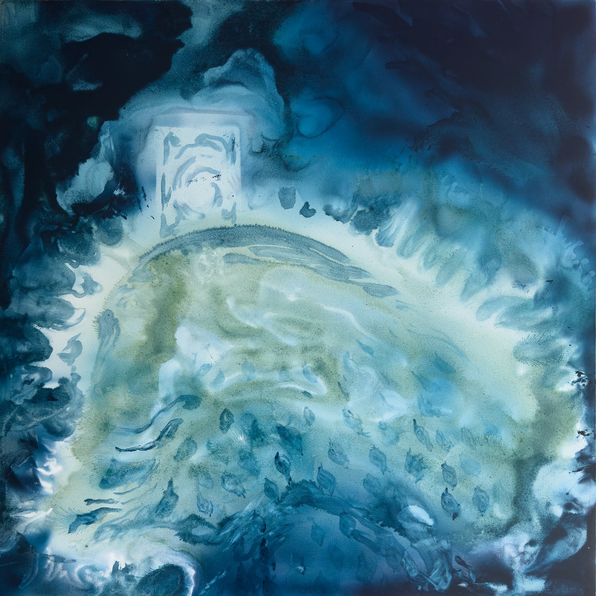 Blue and green wash painting of a glowing field under a dark sky.