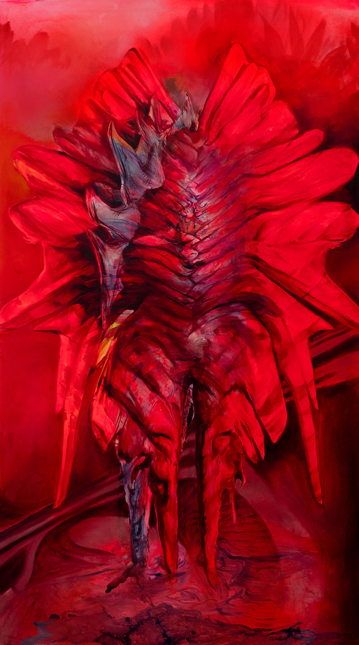 Painting of a winged, spined figure in saturated red.